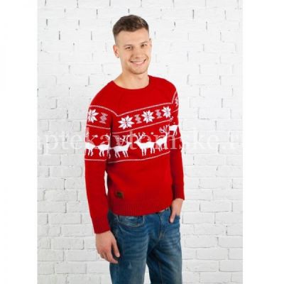 Свитер БАБУШКА ВЯЖЕТ Siberia Олени муж. разм. M (красный/белый) (Слипи Групп/Россия)